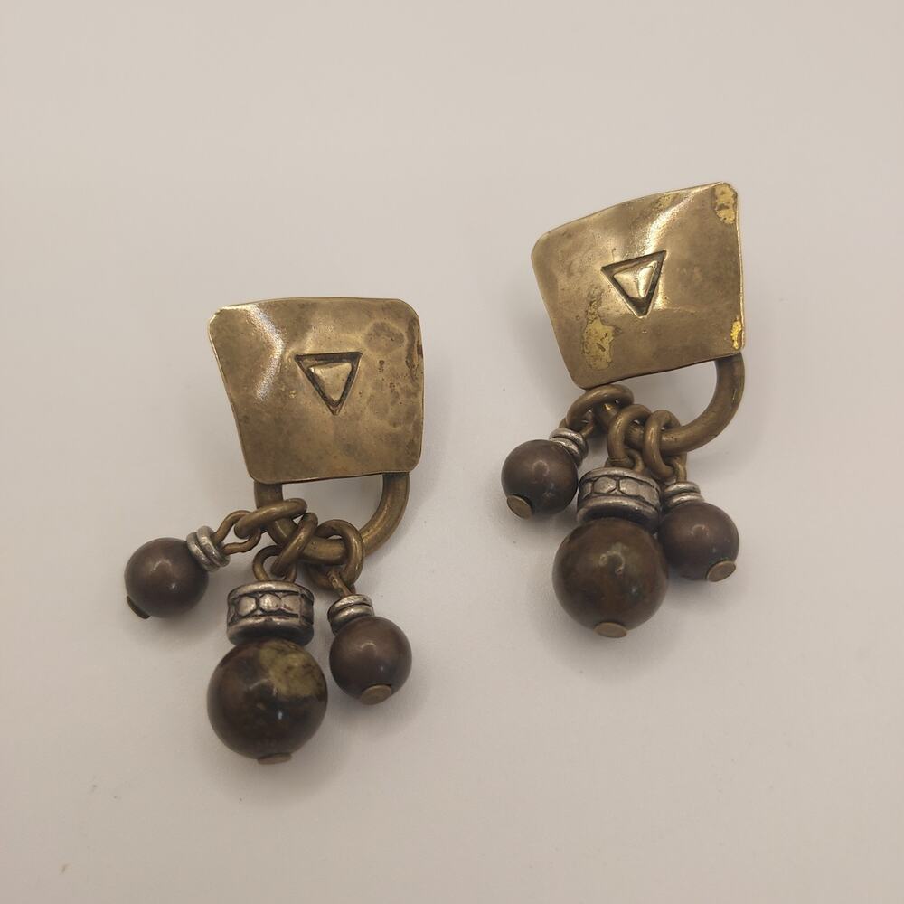 Vintage Marjorie Baer Earrings Signed MB SF Post Mixed Metal Brown Stone Dangles
